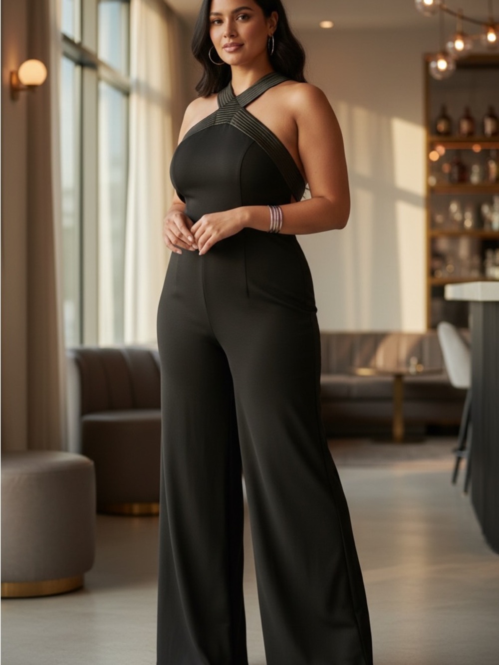 Adrianna Papell Black Crossover Halter Wide-Leg Jumpsuit